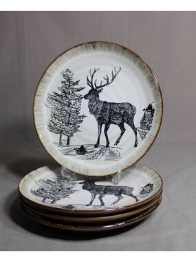 Set Of 4 ELAMA 8" Salad Plates In The Majestic Elk Pattern Cabin Mountain Lodge
